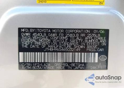 2006 Lexus Gs 300 z USA, uszkodzony, nr VIN JTHBH96S465032149